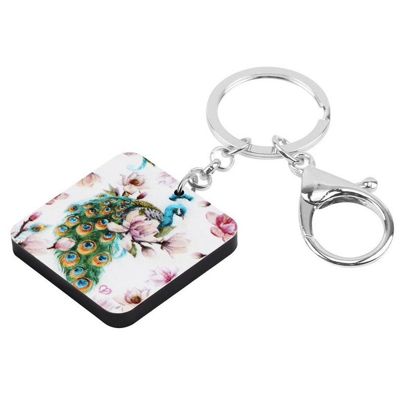 Bonsny Acrilic Pătrat Elegant Breloc Păuni Păuni Breloc Animal Pasăre Mare Bijuterii Pentru Femei Fete Cadouri Noutate Decorare