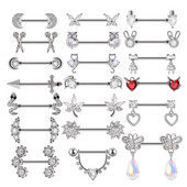 2 bucăți bară de piercing pentru mamelon inimă, din oțel inoxidabil 14G, cristal, limbă dreaptă, industrială, scut pentru mamelon, bijuterii pentru corp.