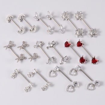 2 τμχ Heart Piercing Bar 14G από ανοξείδωτο ατσάλι Crystal Tongue Straight Industrial Barbell Θηλή Θηλή Piercing Body Jewelry