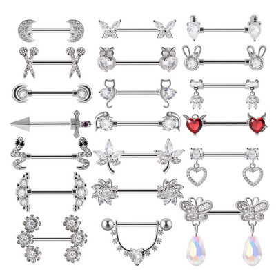 2 τμχ Heart Piercing Bar 14G από ανοξείδωτο ατσάλι Crystal Tongue Straight Industrial Barbell Θηλή Θηλή Piercing Body Jewelry