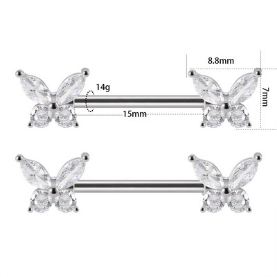 2 bucăți bară de piercing pentru mamelon inimă, din oțel inoxidabil 14G, cristal, limbă dreaptă, industrială, scut pentru mamelon, bijuterii pentru corp.