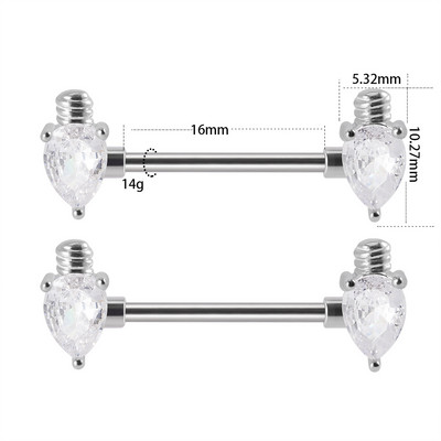 2 bucăți bară de piercing pentru mamelon inimă, din oțel inoxidabil 14G, cristal, limbă dreaptă, industrială, scut pentru mamelon, bijuterii pentru corp.