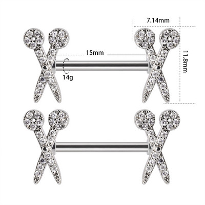 2 bucăți bară de piercing pentru mamelon inimă, din oțel inoxidabil 14G, cristal, limbă dreaptă, industrială, scut pentru mamelon, bijuterii pentru corp.