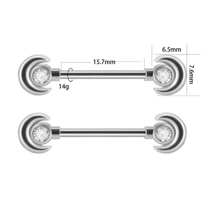 2 bucăți bară de piercing pentru mamelon inimă, din oțel inoxidabil 14G, cristal, limbă dreaptă, industrială, scut pentru mamelon, bijuterii pentru corp.