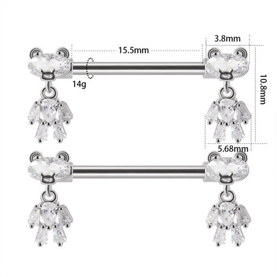 2 bucăți bară de piercing pentru mamelon inimă, din oțel inoxidabil 14G, cristal, limbă dreaptă, industrială, scut pentru mamelon, bijuterii pentru corp.