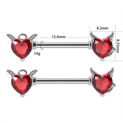2 bucăți bară de piercing pentru mamelon inimă, din oțel inoxidabil 14G, cristal, limbă dreaptă, industrială, scut pentru mamelon, bijuterii pentru corp.