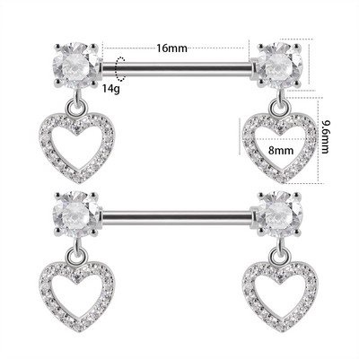 2 bucăți bară de piercing pentru mamelon inimă, din oțel inoxidabil 14G, cristal, limbă dreaptă, industrială, scut pentru mamelon, bijuterii pentru corp.