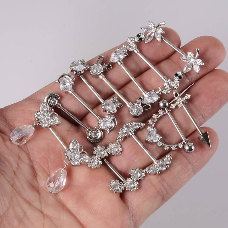 2 bucăți bară de piercing pentru mamelon inimă, din oțel inoxidabil 14G, cristal, limbă dreaptă, industrială, scut pentru mamelon, bijuterii pentru corp.