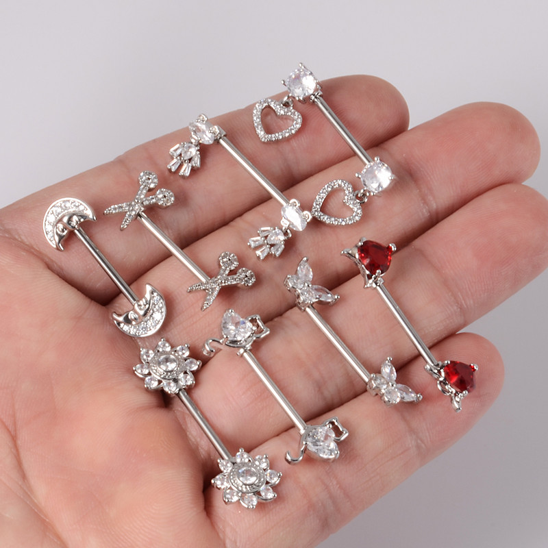 2 bucăți bară de piercing pentru mamelon inimă, din oțel inoxidabil 14G, cristal, limbă dreaptă, industrială, scut pentru mamelon, bijuterii pentru corp.