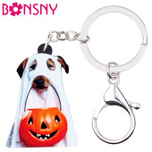 Bonsny acrilic Halloween câine fantomă dovleac breloc breloc inel drăguț bijuterii animale pentru femei fete geanta mașină poșeta farmece cadou