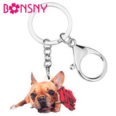 Bonsny Akril Valentin-napi Rózsa Bulldog Kutya Kulcstartó Gyűrűk Állati Kulcstartó Nők Lány Tini Táska Autós Pénztárca Díszek