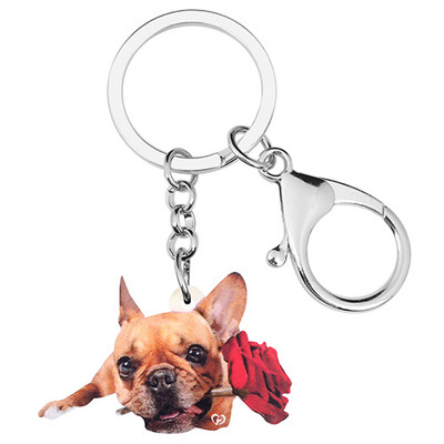Bonsny Akril Valentin-napi Rózsa Bulldog Kutya Kulcstartó Gyűrűk Állati Kulcstartó Nők Lány Tini Táska Autós Pénztárca Díszek
