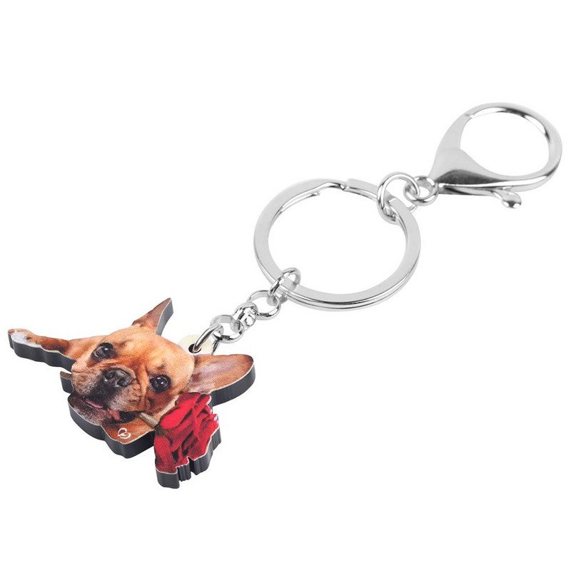 Bonsny Akril Valentin-napi Rózsa Bulldog Kutya Kulcstartó Gyűrűk Állati Kulcstartó Nők Lány Tini Táska Autós Pénztárca Díszek