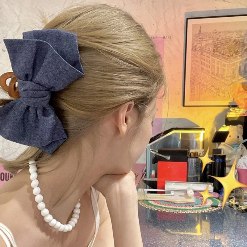 Agrafe de păr Kroean Fashion din denim, cu două straturi, cu fundă, agrafe de păr de dimensiune mare, pentru femei, bijuterii pentru petrecerea de aniversare