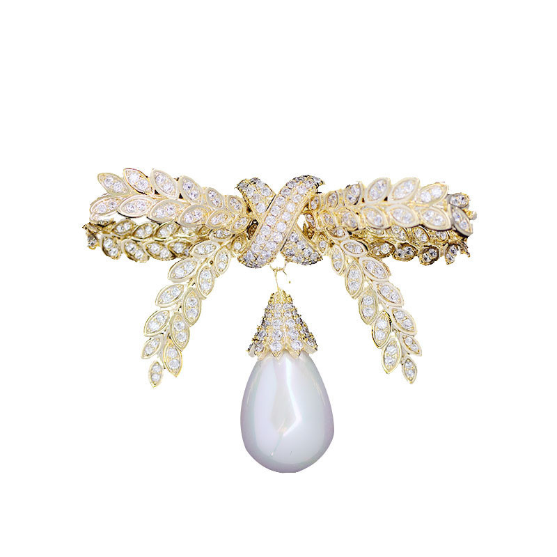 OKILY Broșe minunate cu crengă de măslin, zircon, cu fundă, pentru femei, ace și broșe, eșarfă, ace de perle de modă, cadou de Ziua Recunoștinței