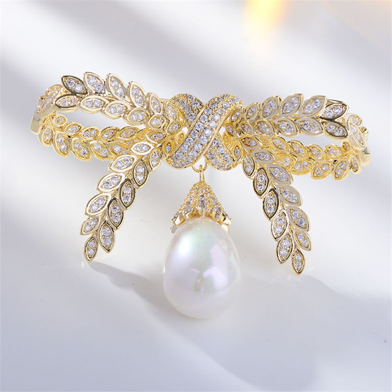 OKILY Broșe minunate cu crengă de măslin, zircon, cu fundă, pentru femei, ace și broșe, eșarfă, ace de perle de modă, cadou de Ziua Recunoștinței