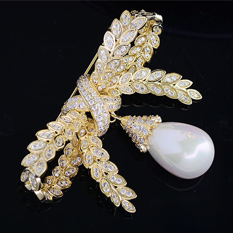 OKILY Broșe minunate cu crengă de măslin, zircon, cu fundă, pentru femei, ace și broșe, eșarfă, ace de perle de modă, cadou de Ziua Recunoștinței