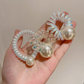 Stil INS Linie telefonică Inel de păr Moda feminină Minge mică Perla Snur de telefon Cap frânghie Cap Coada-calului Bandă de cauciuc Frânghie de păr