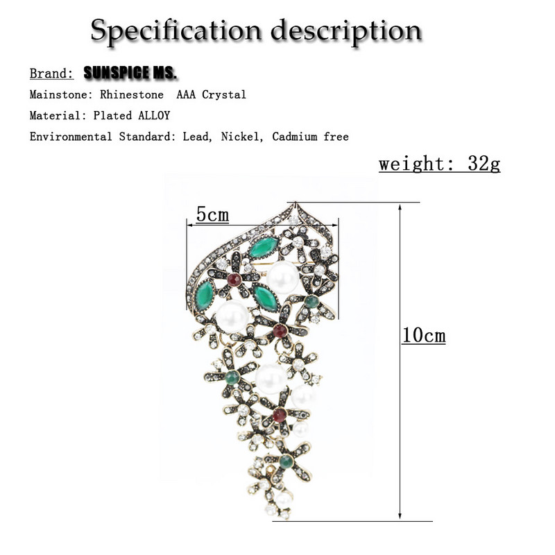 Sunspicems Broșă de perle imitație turcească de epocă pentru femei, de culoare auriu antic, ace pentru hijab, bijuterii de nuntă din Maroc 2021