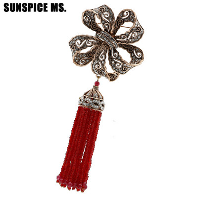 Sunspicems Broșă cu ciucuri de mărgele lungi, de epocă, turcească, pentru femei, de culoare antică, de culoare aurie, de caftan, de Maroc, de culoarea de aur antic.