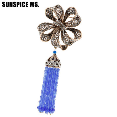 Sunspicems Broșă cu ciucuri de mărgele lungi, de epocă, turcească, pentru femei, de culoare antică, de culoare aurie, de caftan, de Maroc, de culoarea de aur antic.