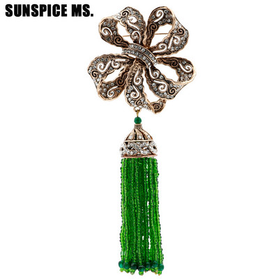 Sunspicems Broșă cu ciucuri de mărgele lungi, de epocă, turcească, pentru femei, de culoare antică, de culoare aurie, de caftan, de Maroc, de culoarea de aur antic.