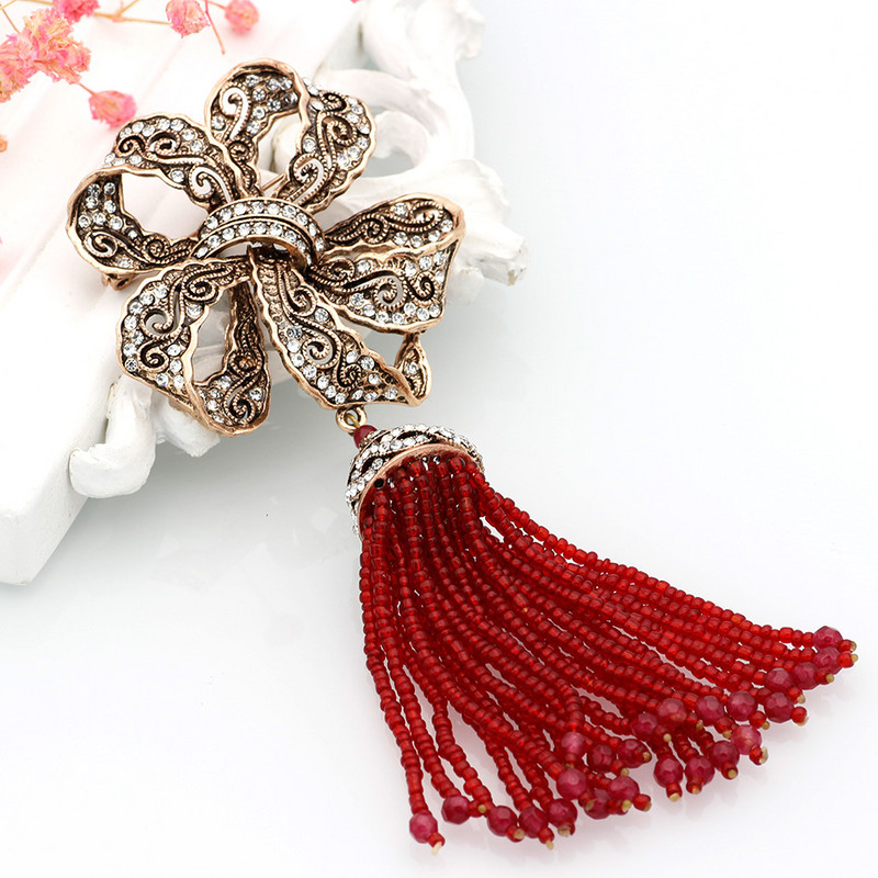 Sunspicems Broșă cu ciucuri de mărgele lungi, de epocă, turcească, pentru femei, de culoare antică, de culoare aurie, de caftan, de Maroc, de culoarea de aur antic.