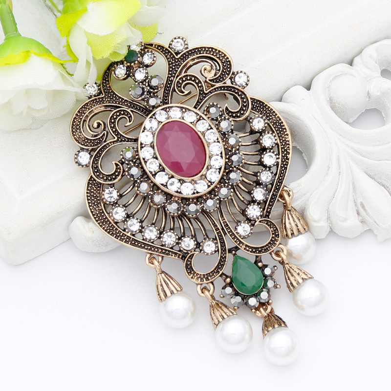 Broșă cu flori de perle simulate din rășină pentru femei egiptene de epocă, bijuterii turcești, culoarea aur antic, pentru nuntă, corsaj etnic
