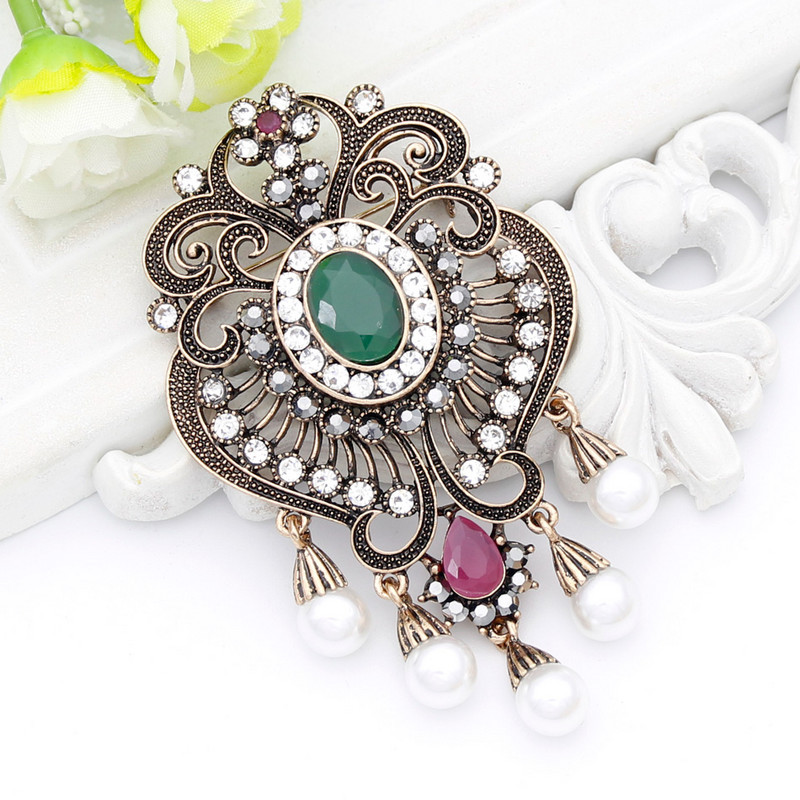 Broșă cu flori de perle simulate din rășină pentru femei egiptene de epocă, bijuterii turcești, culoarea aur antic, pentru nuntă, corsaj etnic
