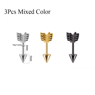 3Pcs Mješovite boje Strelica Hrskavica Naušnica Helix Stud Piercing Kirurški čelik Ravni Industrijski uteg Oreja Prsten Nakit za tijelo