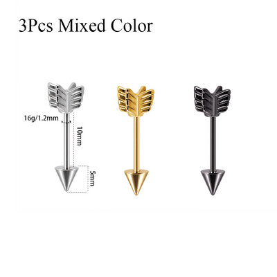 3Pcs Mješovite boje Strelica Hrskavica Naušnica Helix Stud Piercing Kirurški čelik Ravni Industrijski uteg Oreja Prsten Nakit za tijelo