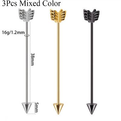 3Pcs Mješovite boje Strelica Hrskavica Naušnica Helix Stud Piercing Kirurški čelik Ravni Industrijski uteg Oreja Prsten Nakit za tijelo