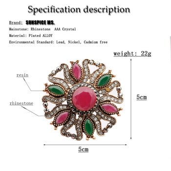 Sunspicems Bohemia Vintage Καρφίτσα Καρφίτσα για γυναίκες Ρετρό Χρυσό Χρώμα Ρητίνη Κρυστάλλινο Ethnic Κοσμήματα Γάμου Φουλάρι Πέτο