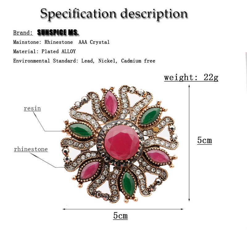 Sunspicems Bohemia Broșă Vintage Pin pentru femei Retro auriu rășină Cristal Bijuterii etnice de nuntă Broșe eșarfă cu rever