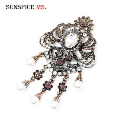 SUNSPICE MS etnic turcesc imitație perle broșă ace pentru femei de culoare auriu antic broșe lungi flori broșe caftan hijab pin