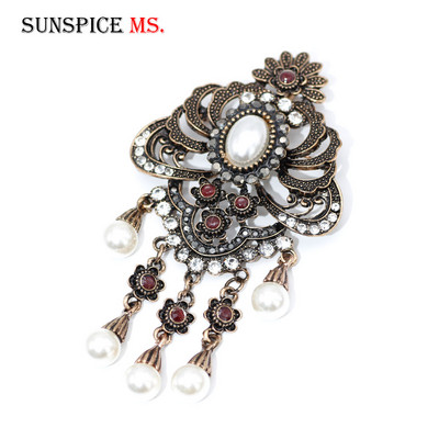 SUNSPICE MS etnic turcesc imitație perle broșă ace pentru femei de culoare auriu antic broșe lungi flori broșe caftan hijab pin