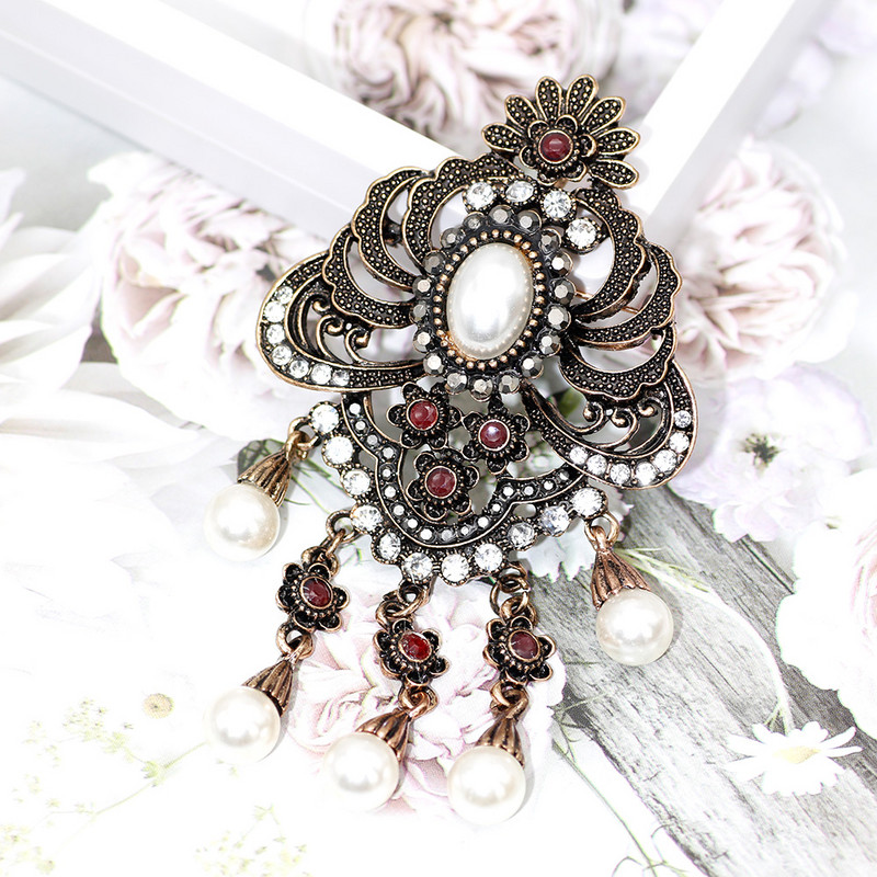 SUNSPICE MS etnic turcesc imitație perle broșă ace pentru femei de culoare auriu antic broșe lungi flori broșe caftan hijab pin