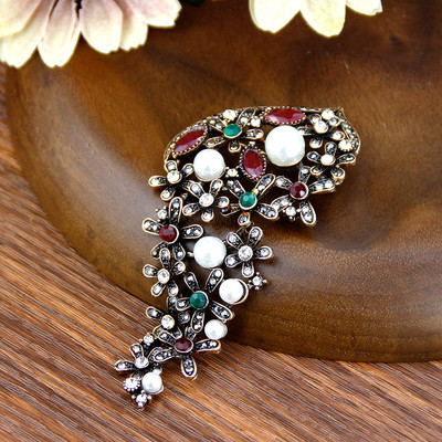 Sunspicems Senovinis Alžyras Gėlė Sagė Pilka Krištolinis Turkijos Moteriška Sagė Antikvarinė Aukso Spalva Perlas Kaftanas Sagė Nuotakos Papuošalai