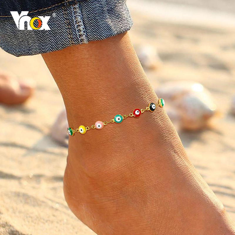 Vnox 6mm Evil Blue Eyes gleznele pentru femei, legături ajustabile cu ochi turcești cu lanț de gleznă Hamsa Charm, bijuterii de vacanță pe plajă