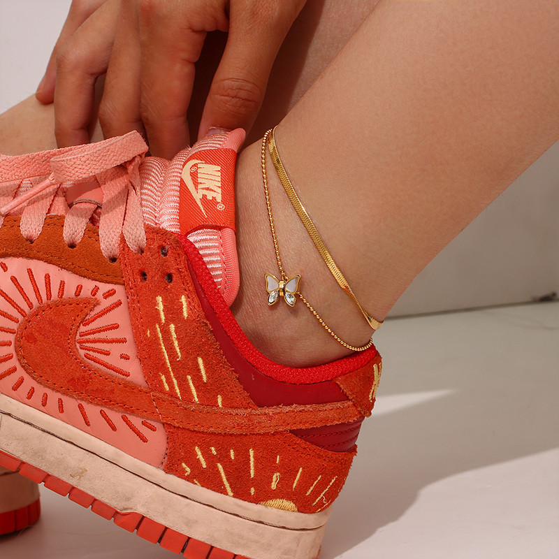 Modni trendi dvoslojni školjkasti leptir šarm perle lanac riblja kost lanac narukvica za žene Narukvica za stopala od nehrđajućeg čelika