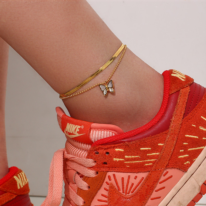 Modni trendi dvoslojni školjkasti leptir šarm perle lanac riblja kost lanac narukvica za žene Narukvica za stopala od nehrđajućeg čelika