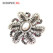 SUNSPICE MS Broșă cu stras cu flori de epocă pentru femei, broșă de cristal imitație de perle de culoare aurie antică, broșe, ace de caftan