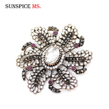 SUNSPICE MS Vintage Flower Rhinestone Brooch for Women Античен златен цвят Имитация на перли Кристални брошки Брошки Кафтанови игли