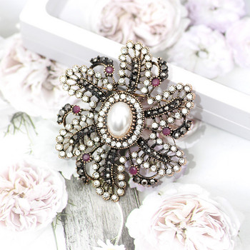 SUNSPICE MS Vintage Flower Rhinestone Brooch for Women Античен златен цвят Имитация на перли Кристални брошки Брошки Кафтанови игли