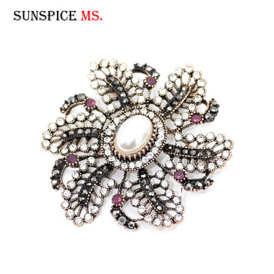 SUNSPICE MS Broșă cu stras cu flori de epocă pentru femei, broșă de cristal imitație de perle de culoare aurie antică, broșe, ace de caftan