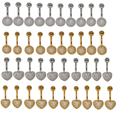 10 buc Inele pentru buric, oțel chirurgical, aur, zircon, inimă, rotundă, piercing pentru buric, bijuterii pentru corp, 14 g