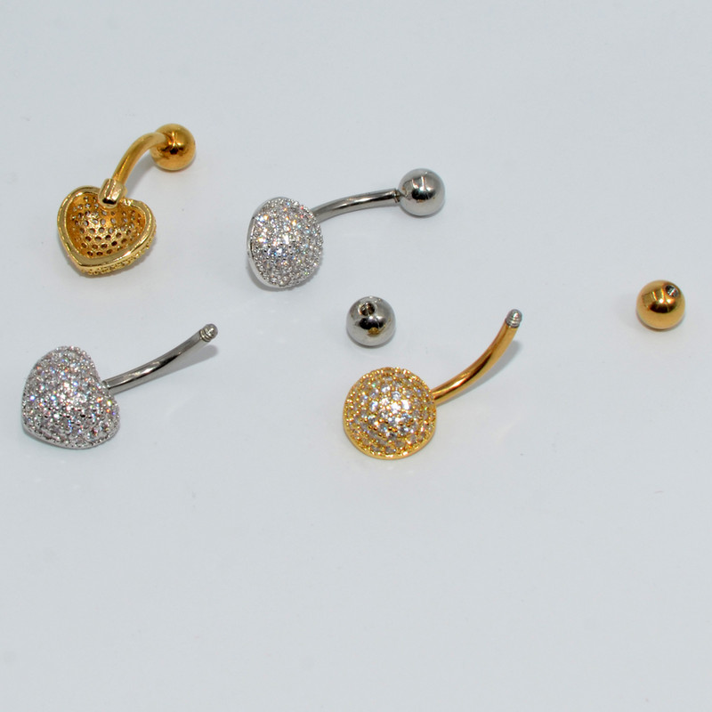 10 buc Inele pentru buric, oțel chirurgical, aur, zircon, inimă, rotundă, piercing pentru buric, bijuterii pentru corp, 14 g