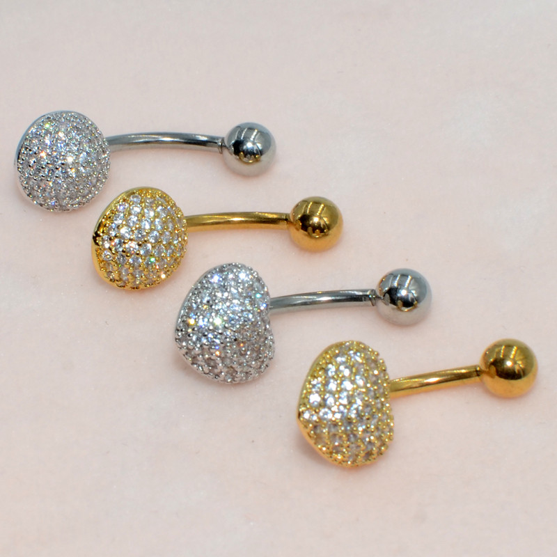 10 buc Inele pentru buric, oțel chirurgical, aur, zircon, inimă, rotundă, piercing pentru buric, bijuterii pentru corp, 14 g