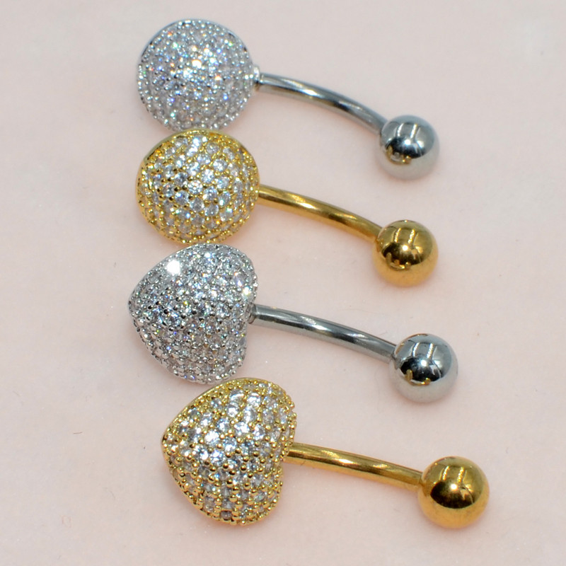 10 buc Inele pentru buric, oțel chirurgical, aur, zircon, inimă, rotundă, piercing pentru buric, bijuterii pentru corp, 14 g