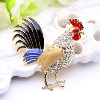 Lucky Zodiac Animal Rooster Brooch Pin for Women Rhinestone Emailed Животни Брошки Брошки Crystal Cock Jewelry Pins Сладък подарък